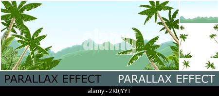 Tropical jungle landscape. Plants shrubs and palms. Cartoon flat style. Mountains on horizon. Background illustration. Image from layers for overlay Stock Vector