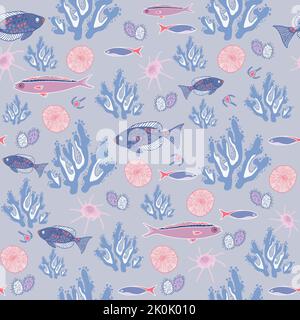 Inhabitants of the underwater world in blue and purple colours. Seamless pattern. Stock Vector