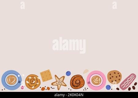 Repeated frame with cups of coffee, buns and cookies. Stock Vector