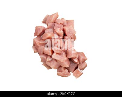 Top view a pile of cube-cut fresh pork on white background. Isolated a small group of fresh chunks of pork. Stock Photo