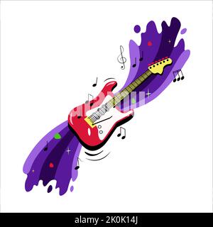 Vector red electro guitar with purple wave and notes Stock Vector