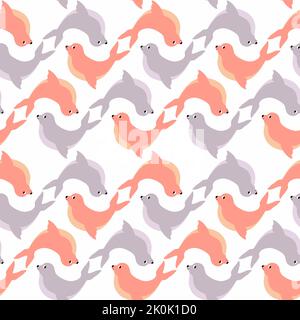 Vector seamless pattern with seal.Underwater cartoon creatures.Marine background.Cute ocean pattern for fabric, childrens clothing,textiles,wrapping Stock Vector