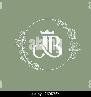 the letter JB with a crown with floral wreath leave circle frame Stock Vector