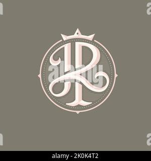 the letter JR with crown and circle frame monogram vintage typography Stock Vector