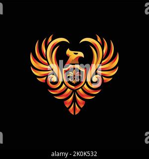a golden eagle or phoenix crest shield logotype Stock Vector