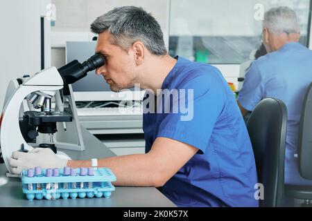 Two male scientists looking in microscopes while working on medical blood research in science medical lab Stock Photo