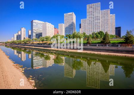 Beijing, China CBD city skyline and canal in the afternoon. Stock Photo