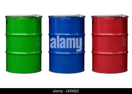Steel barrels isolate. Colored barrels for oil, chemistry, industry on an empty white background. High quality photo Stock Photo