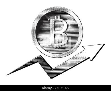 Bitcoin symbol with up trand hand draw vintage engraving style Stock Vector