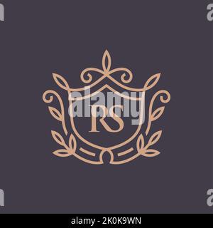 a luxury linear shield with floral monogram letter RS logotype Stock Vector
