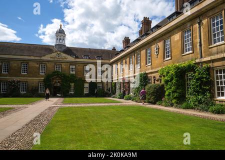 A view of the small, intimate quad, courtyard behind Porter's lodge at Trinity college. In Cambridge, England, United Kingdom. Stock Photo