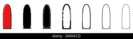 Bullet icon. Set of different icons of military cartridge. Bullet or patron silhouette. Vector illustration. Black sign Stock Vector