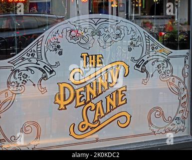 The Penny Lane wine bar, etched pub window, 116 Penny Ln, Liverpool L18 1DQ Stock Photo