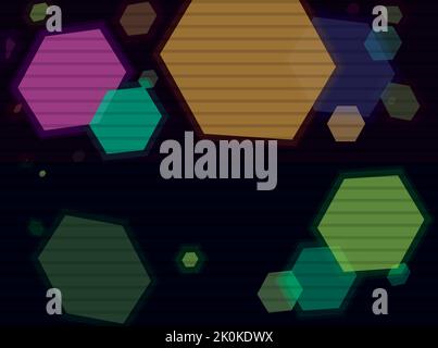 Dark background template decorated with glowing and colorful hexagons and scan lines. Stock Vector