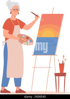 An elderly woman artist draws a picture at the easel. Pensioner painting a landscape Sunset in watercolor and oil. Brushes and palette in the hands of artist, creativity, hobby. Vector illustration. Stock Vector