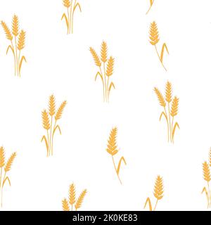 Seamless pattern with spikelets and grains of wheat on white background. Vector cartoon flat illustration for backery packaging, flour production Stock Vector