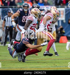 Chicago, United States. 19th Sep, 2021. Chicago Bears wide receiver Allen  Robinson (12) makes a first quarter touchdown catch over Cincinnati Bengals  cornerback Chidobe Awuzie (22) at Soldier Field in Chicago on