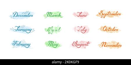 Names of months of the year on colorful strokes with leaves and twigs as decoration. Hand written editable titles, vector design elements for prints Stock Vector