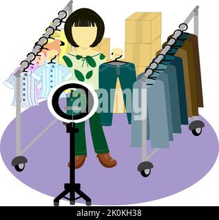 Market woman sell the clothes by video live streaming online with smartphone,Influencer show her product,online shopping Stock Vector