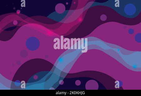 Colorful design with fuchsia and blue waves and glowing stars over dark background. Stock Vector