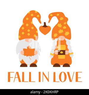 Couple of autumn gnomes. Fall in love. Cute cartoon characters. Vector template for banner, poster, greeting card, shirt, etc. Stock Vector