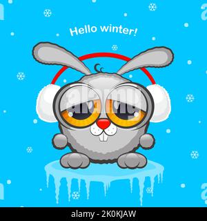 Gray rabbit in white fur headphones on a blue background with snow. The concept of winter, new year Stock Vector