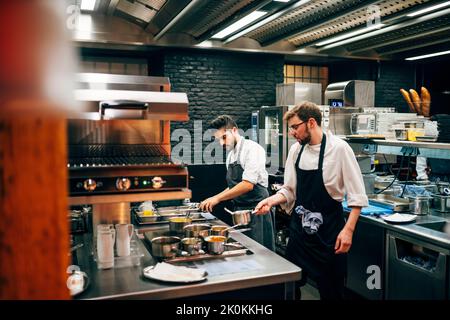 Professional chefs working in team cooking in kitchen Stock Photo