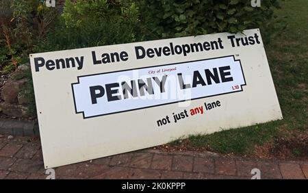 Penny Lane, development trust sign, City of Liverpool, Not just any lane - made famous by the Beatles Stock Photo