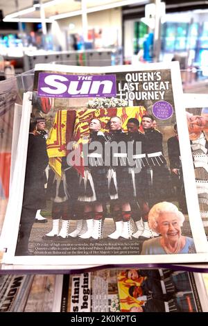 'Queen's Last Great Journey' The Sun newspaper headline Queen Elizabeth coffin pallbearers front page on 12 September 2022 UK Stock Photo