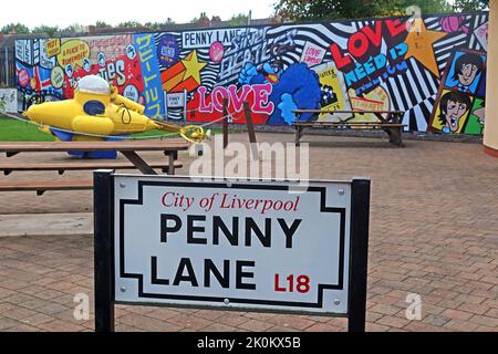 Penny Lane Sign at Penny Lane Development Trust, 70 Penny Ln, Liverpool, Merseyside, England, UK,  L18 1BW Stock Photo