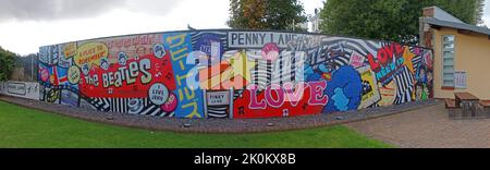 Penny Lane Beatles art wall panorama, PLDT, Penny Lane Development Trust, 70 Penny Ln, Liverpool, Merseyside, England, UK,  L18 1BW Stock Photo