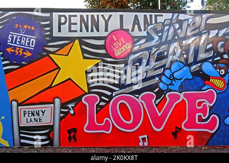 Penny Lane Beatles art wall, PLDT, Penny Lane Development Trust, 70 Penny Ln, Liverpool, Merseyside, England, UK,  L18 1BW Stock Photo