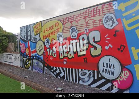 Penny Lane Beatles art wall, PLDT, Penny Lane Development Trust, 70 Penny Ln, Liverpool, Merseyside, England, UK,  L18 1BW Stock Photo