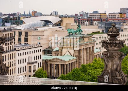 Brandenburger Tor at Pariser Platz seen from Reichtag with cityscape of Berlin, Germany Stock Photo