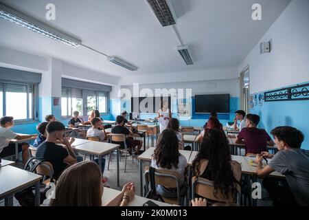 Rome, Italy. 12th Sep, 2022. Students attend a class at a high school as a new semester starts in Rome, Italy, Sept. 12, 2022. Credit: Str/Xinhua/Alamy Live News Stock Photo