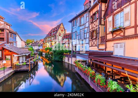 Colmar, Alsace, France. Petite Venice, water canal and traditional half timbered houses. Stock Photo