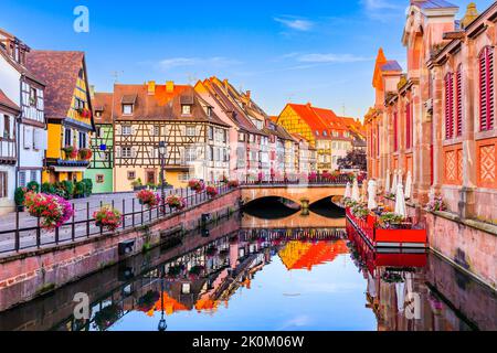Colmar, Alsace, France. Petite Venice, water canal and traditional half timbered houses. Stock Photo