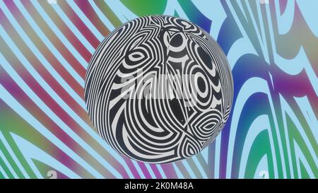 Hypnotic sphere on patterned warped texture. Black white and colored psychedelic optical art illustration. 3D rendering. Stock Photo