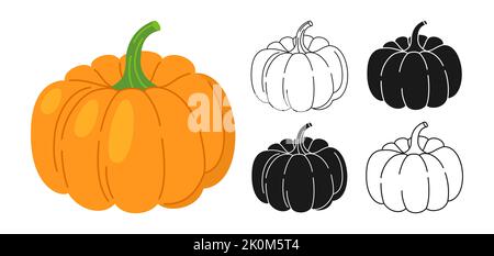 Pumpkin cartoon set line icon, symbol doodle style, engraving silhouette. Ripe flat whole pumpkins. Halloween, Thanksgiving Day festival harvest collection agricultural hand drawn vegetable vector Stock Vector