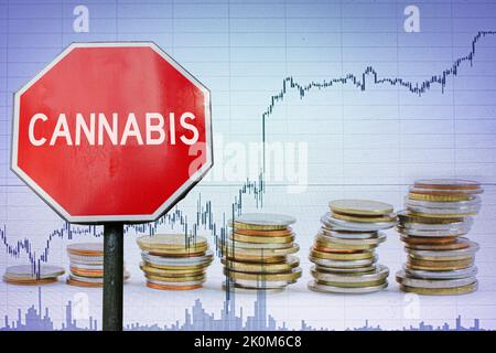 Investment to cannabis.  Stop sign on graph and coins background. Stock Photo