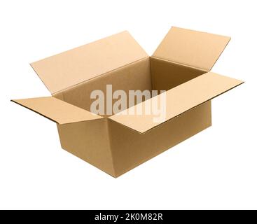 Brown cardboard box with open cover mockup. Clipping Path Stock Photo