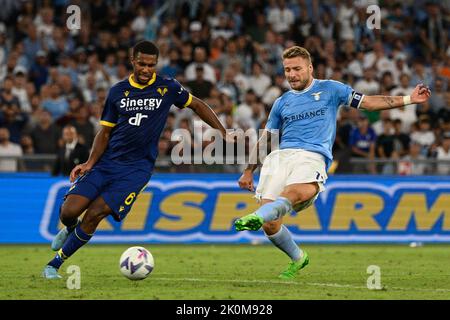 Rome, Italy. 11th Sep, 2022. Ciro Immobile (SS Lazio) Isak Hien (Hellas Verona) during the Italian Football Championship League A 2022/2023 match between SS Lazio vs Hellas Verona at the Olimpic Stadium in Rome on 11 September 2022. Credit: Independent Photo Agency/Alamy Live News Stock Photo