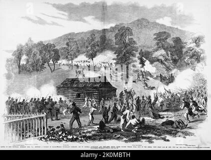 Battle of Rich Mountain, Beverley Pike, Virginia, between a division of Major General George Brinton McClellan's command, led by General William Rosecrans, and the Rebel troops under Colonel John Pegram - Total rout of the Rebels, with great loss of life, July 8th, 1861. 19th century American Civil War illustration from Frank Leslie's Illustrated Newspaper Stock Photo