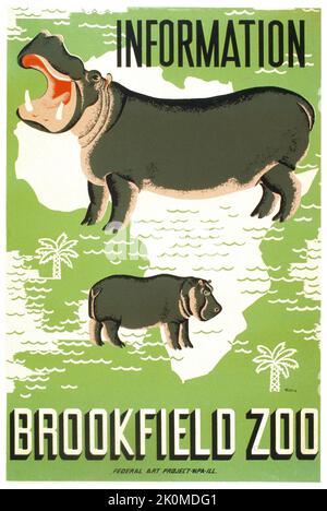 Poster for the Brookfield Zoo, showing hippopotamuses superimposed over outline of Africa - Information - Brookfield. 1938. Stock Photo