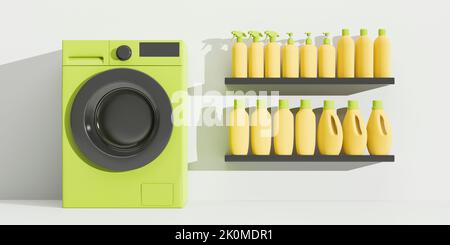 Environmentally safe sustainable laundry concept. Green washing machine, shelf of washing detergents. 3d rendering Stock Photo
