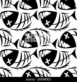 bright seamless pattern of black graphic fish skeletons on a white background, texture, design Stock Photo