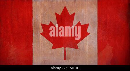 Full frame front view photo of a weathered flag of Canada painted on a rusty, grunge and dirty wall. Stock Photo