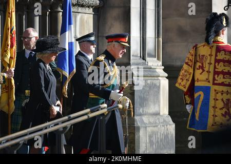 Edinburgh Scotland, UK 12 September 2022. King Charles III leaves at St Giles Cathedral following a service for the death of Her Majesty Queen Elizabeth II  credit sst/alamy live news Stock Photo