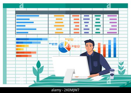 Young Man Accountant Work with Spreadsheet Paperwork Program on Computer Screen in Office Financial Flat Vector Illustration Stock Vector