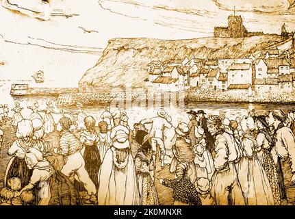 OLD WHITBY (North Yorkshire) and its history  --- An old print, supposedly showing the return of Cook's 'Endeavour' to Whitby harbour in the 1700s. The view looks across the  river Esk towards the parish church and Abbey, with  its 199 steps. The Endeavour can be seen beyond the old piers as they were at that time. Stock Photo